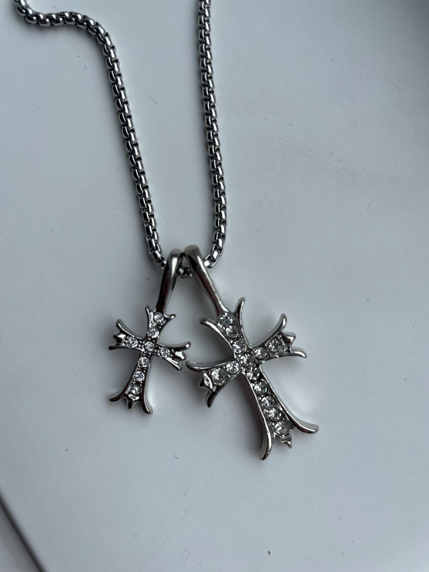 Silver Double Crucifix/Cross Chain